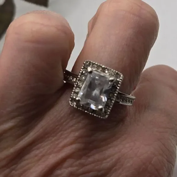 "5/$25" Silvertone CZ Pave Halo Square Solitaire Cocktail Ring Sz 6.25 - Picture 5 of 7